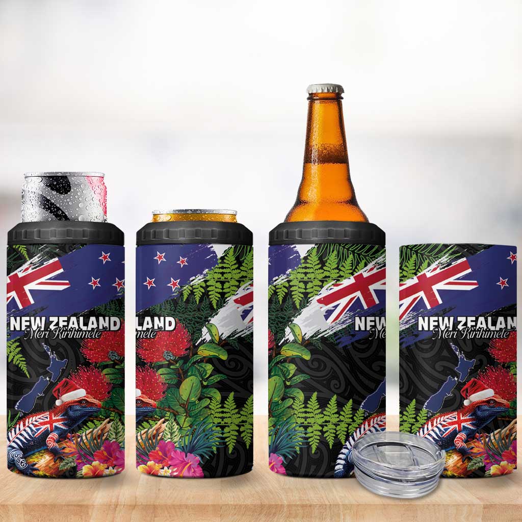 New Zealand Christmas 4 in 1 Can Cooler Tumbler Meri Kirihimete-Tuatara and Pohutukawa Black Color LT03 - Polynesian Pride