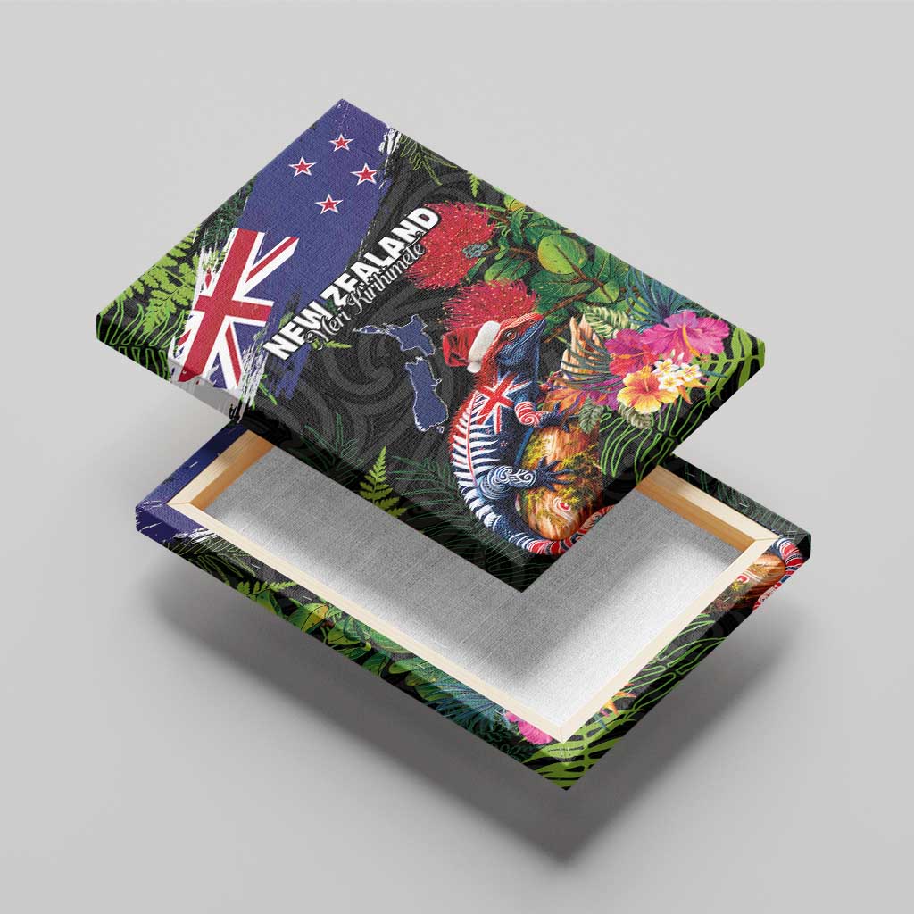 New Zealand Christmas Canvas Wall Art Meri Kirihimete-Tuatara and Pohutukawa Black Color LT03 - Polynesian Pride