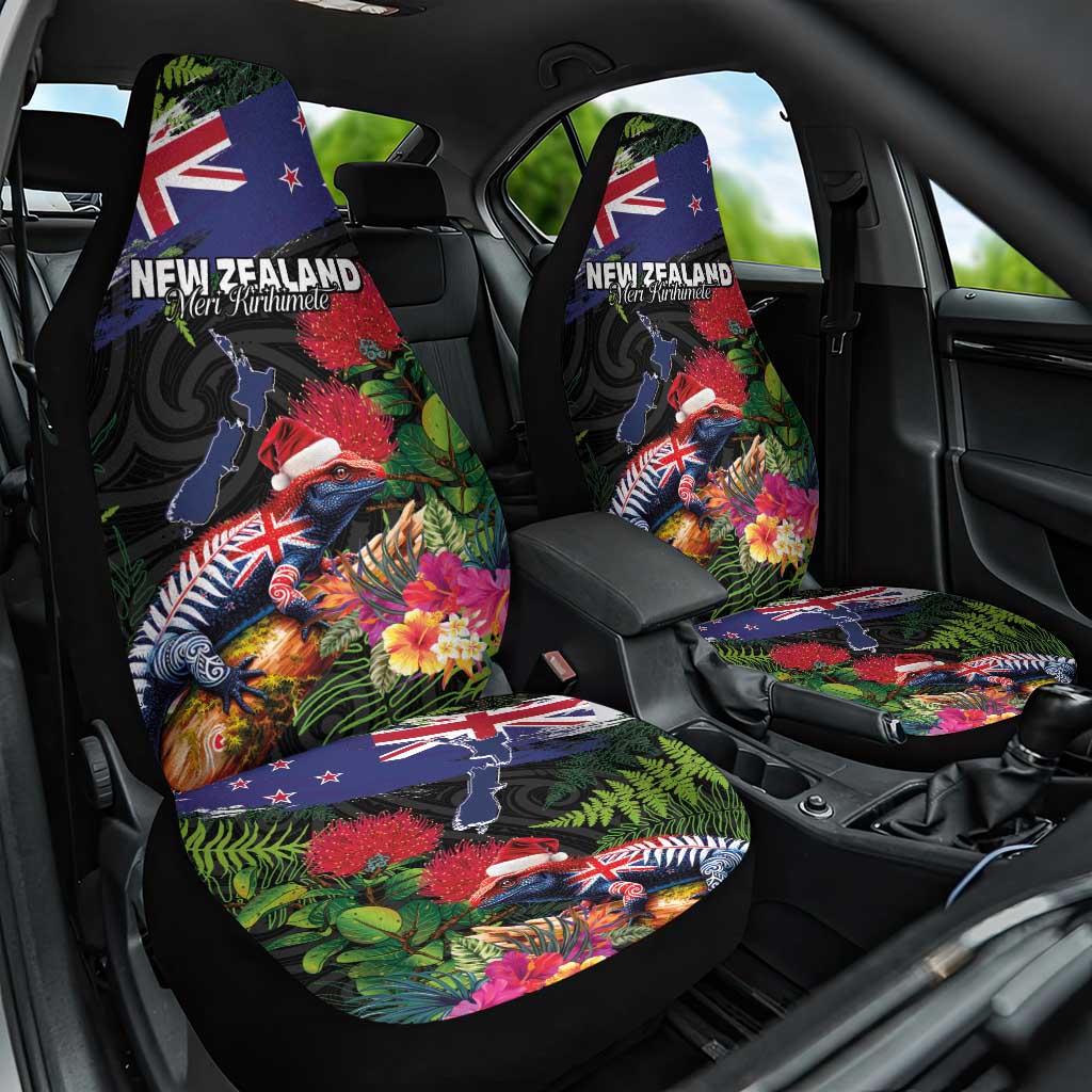 New Zealand Christmas Car Seat Cover Meri Kirihimete-Tuatara and Pohutukawa Black Color LT03 One Size Black - Polynesian Pride