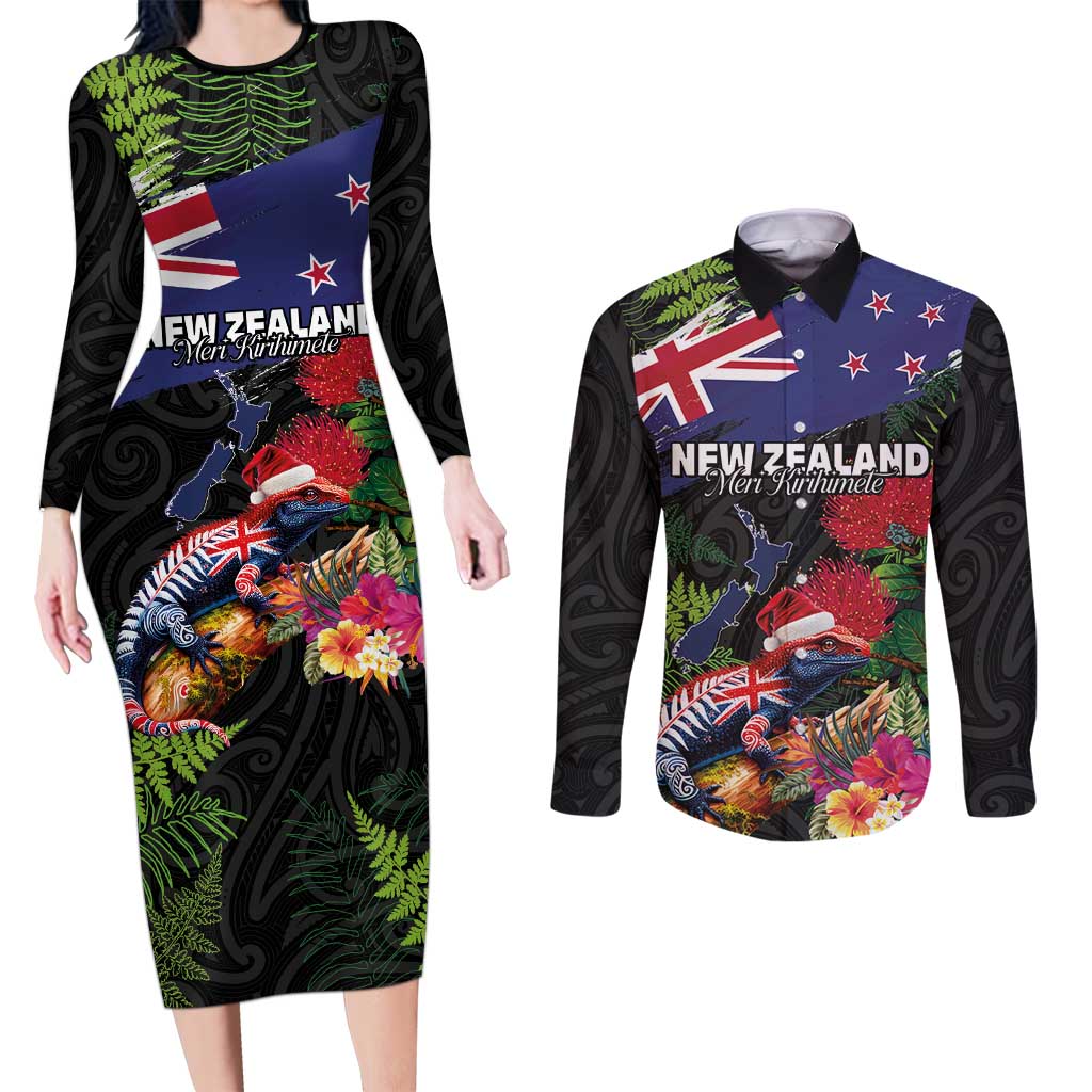 New Zealand Christmas Couples Matching Long Sleeve Bodycon Dress and Long Sleeve Button Shirt Meri Kirihimete-Tuatara and Pohutukawa Black Color LT03 Black - Polynesian Pride