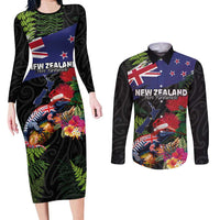 New Zealand Christmas Couples Matching Long Sleeve Bodycon Dress and Long Sleeve Button Shirt Meri Kirihimete-Tuatara and Pohutukawa Black Color LT03 Black - Polynesian Pride