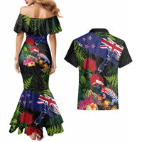 New Zealand Christmas Couples Matching Mermaid Dress and Hawaiian Shirt Meri Kirihimete-Tuatara and Pohutukawa Black Color LT03 - Polynesian Pride