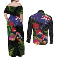 New Zealand Christmas Couples Matching Off Shoulder Maxi Dress and Long Sleeve Button Shirt Meri Kirihimete-Tuatara and Pohutukawa Black Color LT03 - Polynesian Pride