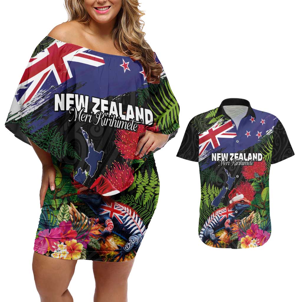 New Zealand Christmas Couples Matching Off Shoulder Short Dress and Hawaiian Shirt Meri Kirihimete-Tuatara and Pohutukawa Black Color LT03 Black - Polynesian Pride