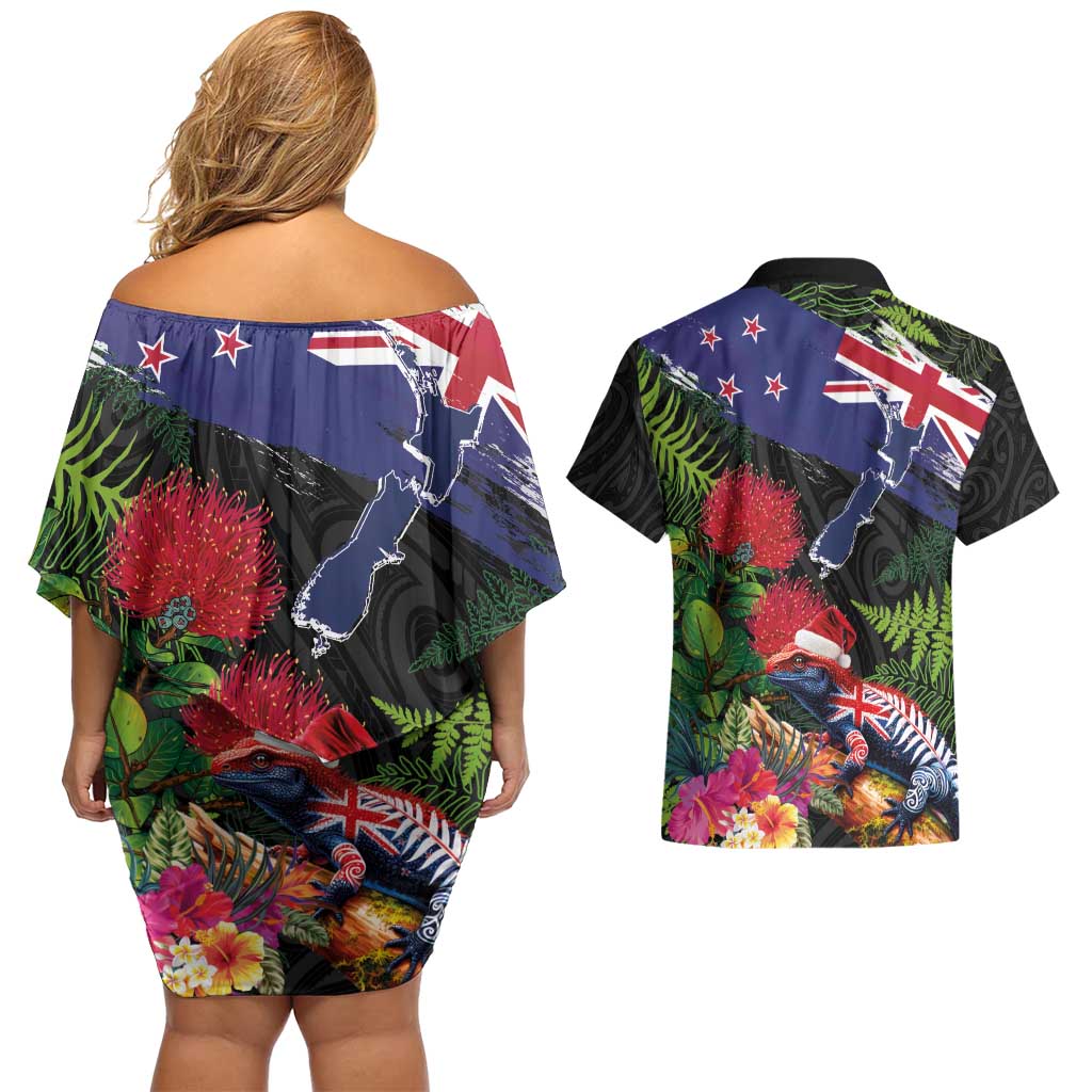 New Zealand Christmas Couples Matching Off Shoulder Short Dress and Hawaiian Shirt Meri Kirihimete-Tuatara and Pohutukawa Black Color LT03 - Polynesian Pride