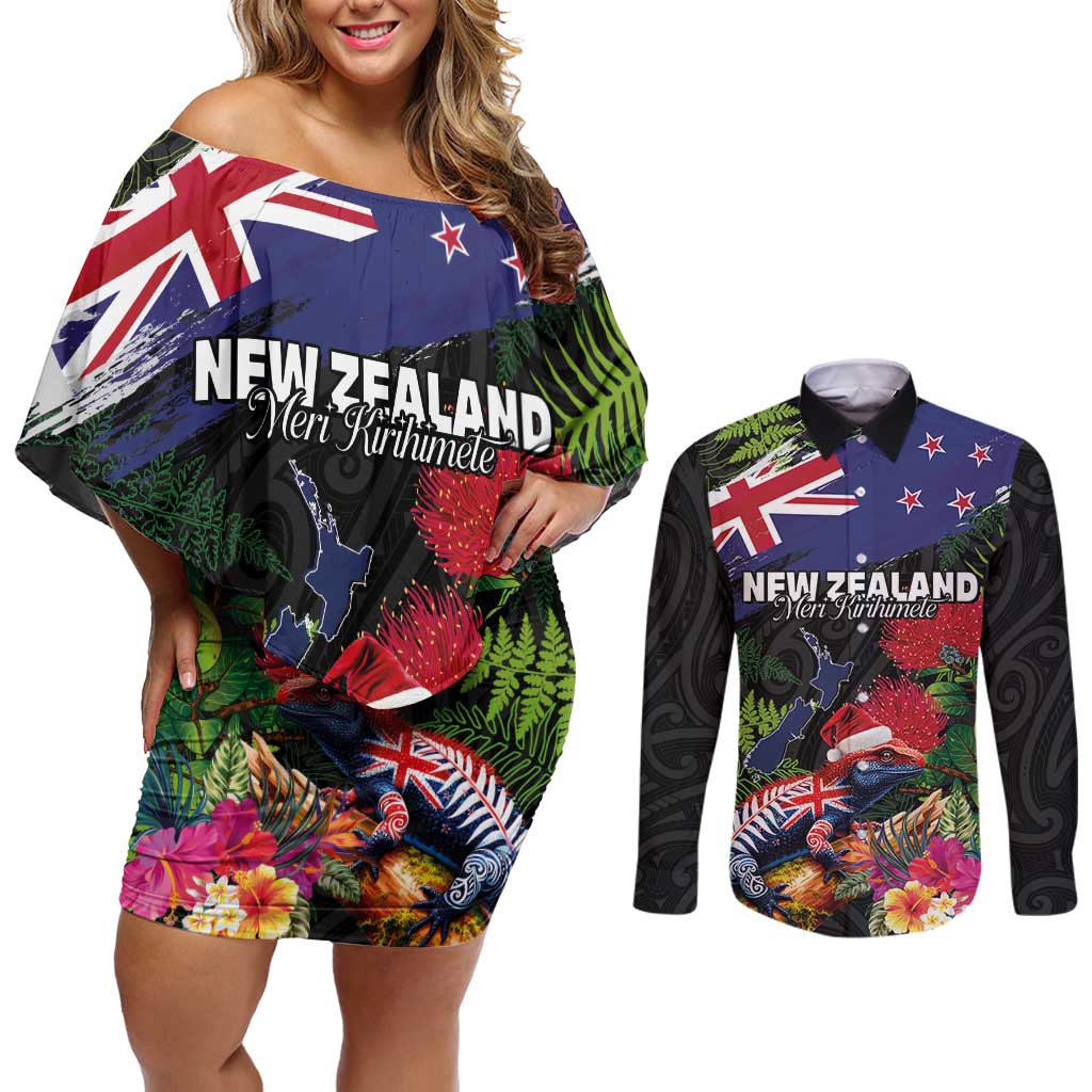 New Zealand Christmas Couples Matching Off Shoulder Short Dress and Long Sleeve Button Shirt Meri Kirihimete-Tuatara and Pohutukawa Black Color LT03 Black - Polynesian Pride