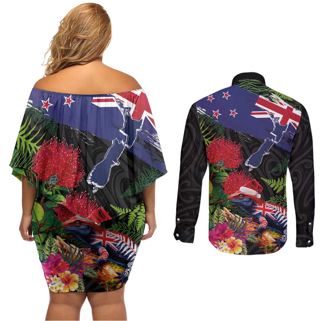 New Zealand Christmas Couples Matching Off Shoulder Short Dress and Long Sleeve Button Shirt Meri Kirihimete-Tuatara and Pohutukawa Black Color LT03 - Polynesian Pride