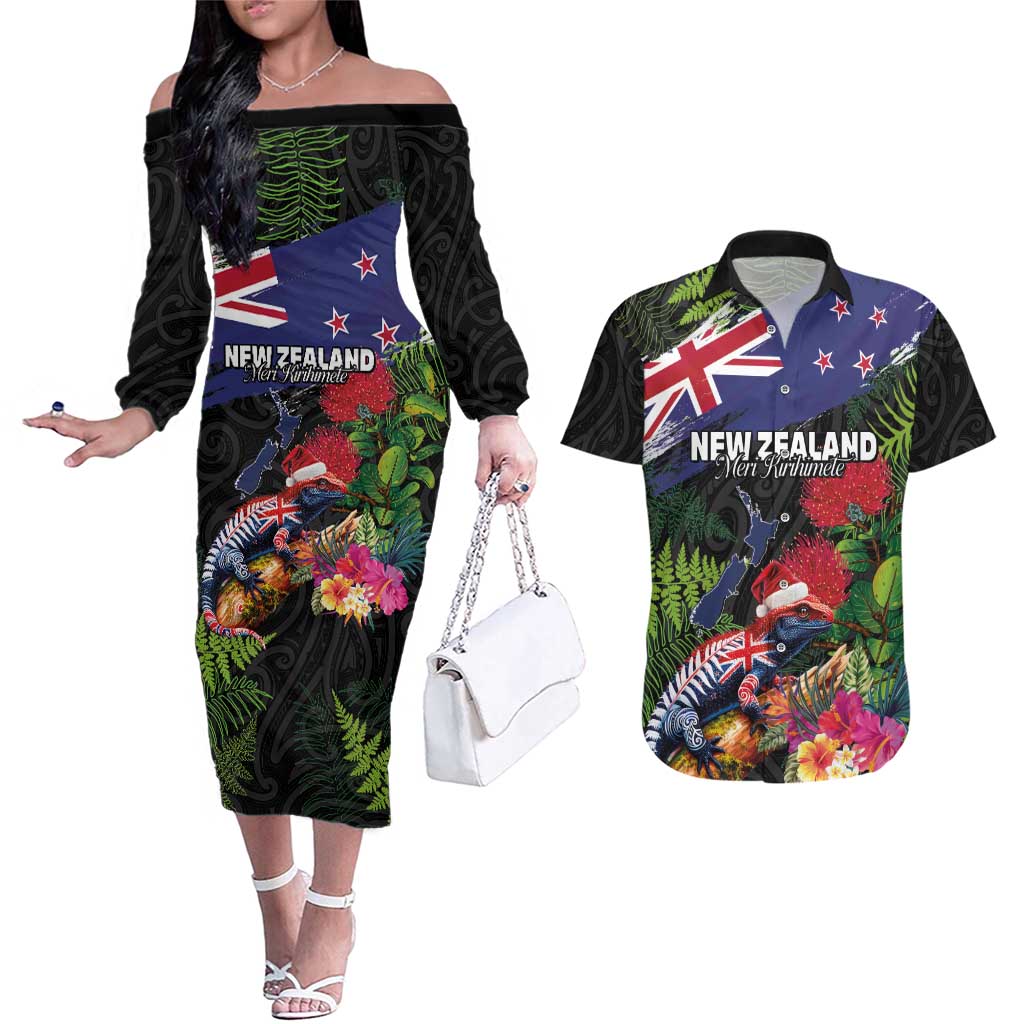 New Zealand Christmas Couples Matching Off The Shoulder Long Sleeve Dress and Hawaiian Shirt Meri Kirihimete-Tuatara and Pohutukawa Black Color LT03 Black - Polynesian Pride