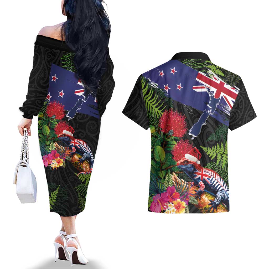 New Zealand Christmas Couples Matching Off The Shoulder Long Sleeve Dress and Hawaiian Shirt Meri Kirihimete-Tuatara and Pohutukawa Black Color LT03 - Polynesian Pride
