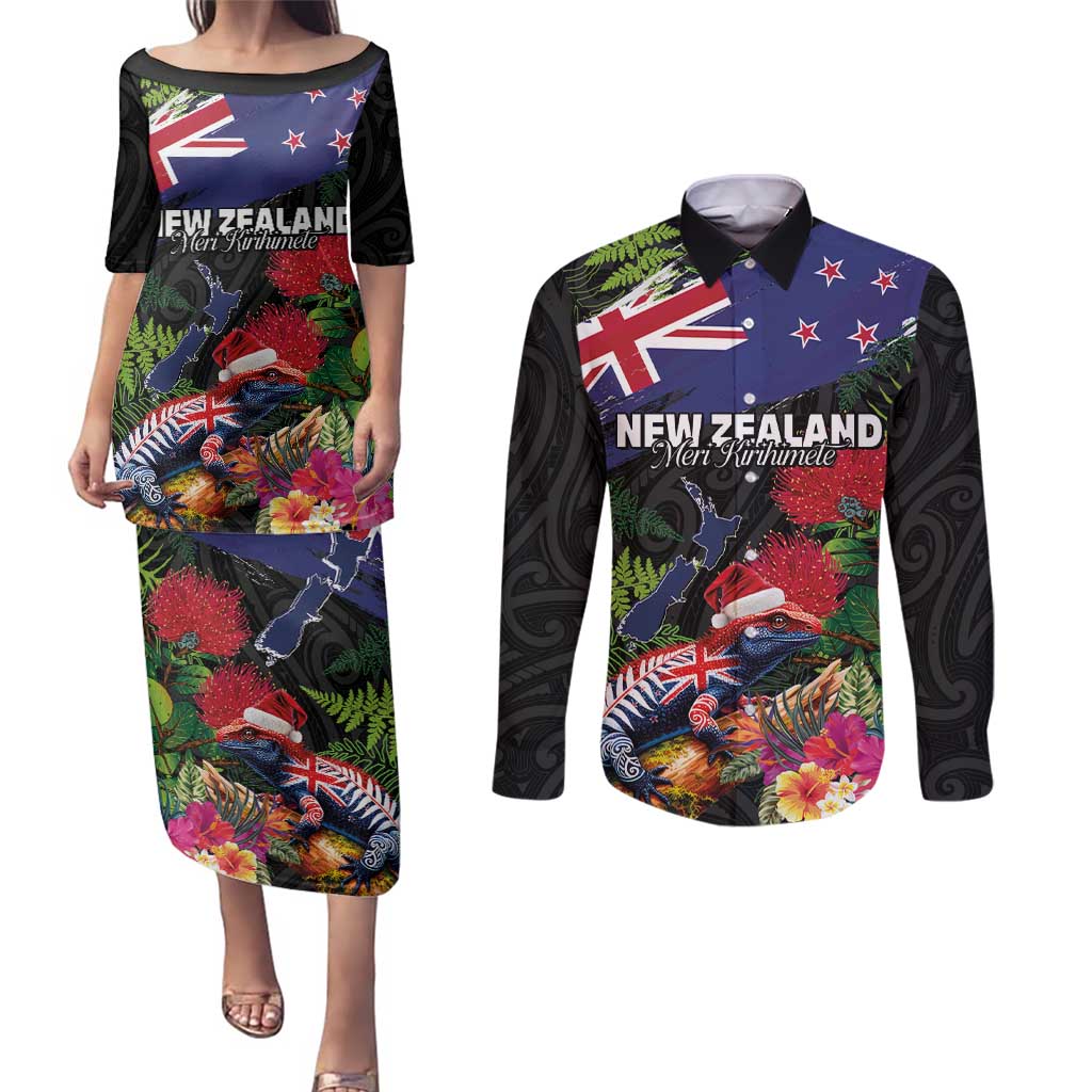 New Zealand Christmas Couples Matching Puletasi and Long Sleeve Button Shirt Meri Kirihimete-Tuatara and Pohutukawa Black Color