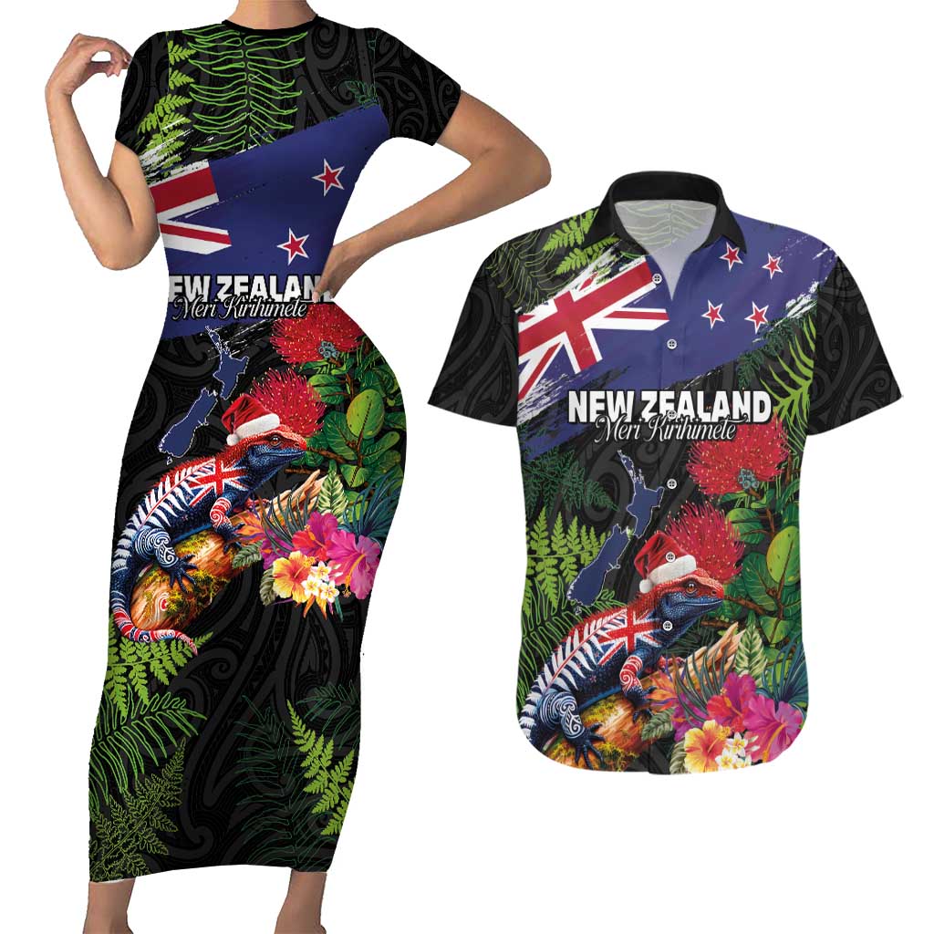 New Zealand Christmas Couples Matching Short Sleeve Bodycon Dress and Hawaiian Shirt Meri Kirihimete-Tuatara and Pohutukawa Black Color LT03 Black - Polynesian Pride
