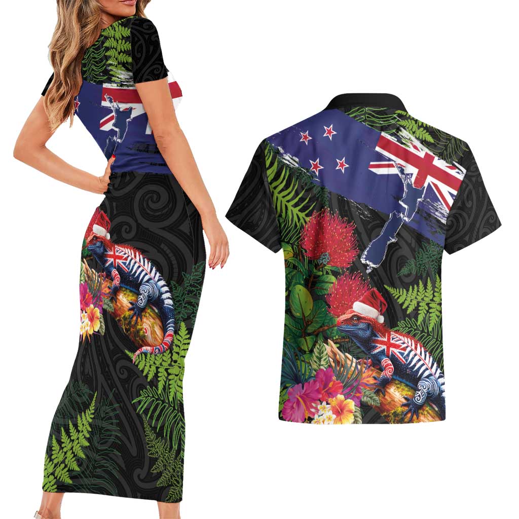 New Zealand Christmas Couples Matching Short Sleeve Bodycon Dress and Hawaiian Shirt Meri Kirihimete-Tuatara and Pohutukawa Black Color LT03 - Polynesian Pride