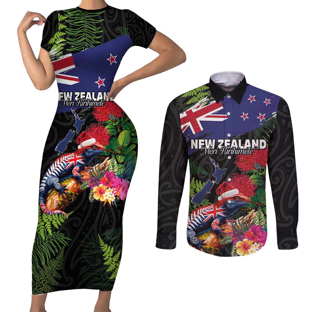 New Zealand Christmas Couples Matching Short Sleeve Bodycon Dress and Long Sleeve Button Shirt Meri Kirihimete-Tuatara and Pohutukawa Black Color LT03 Black - Polynesian Pride