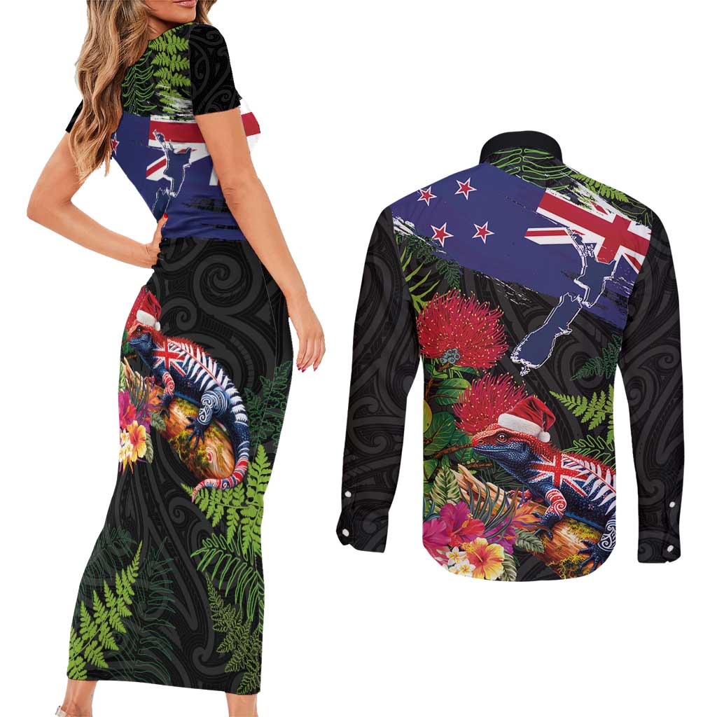 New Zealand Christmas Couples Matching Short Sleeve Bodycon Dress and Long Sleeve Button Shirt Meri Kirihimete-Tuatara and Pohutukawa Black Color LT03 - Polynesian Pride