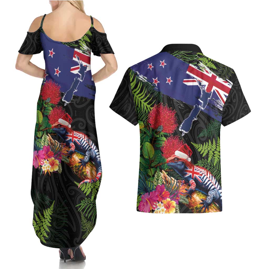 New Zealand Christmas Couples Matching Summer Maxi Dress and Hawaiian Shirt Meri Kirihimete-Tuatara and Pohutukawa Black Color LT03 - Polynesian Pride