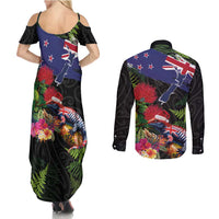 New Zealand Christmas Couples Matching Summer Maxi Dress and Long Sleeve Button Shirt Meri Kirihimete-Tuatara and Pohutukawa Black Color LT03 - Polynesian Pride