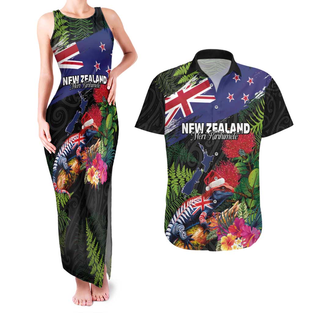 New Zealand Christmas Couples Matching Tank Maxi Dress and Hawaiian Shirt Meri Kirihimete-Tuatara and Pohutukawa Black Color LT03 Black - Polynesian Pride