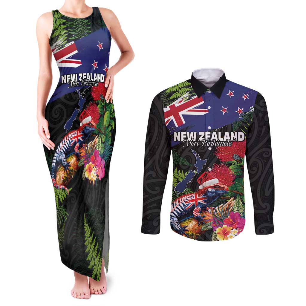 New Zealand Christmas Couples Matching Tank Maxi Dress and Long Sleeve Button Shirt Meri Kirihimete-Tuatara and Pohutukawa Black Color LT03 Black - Polynesian Pride