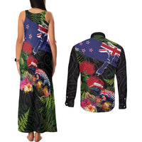 New Zealand Christmas Couples Matching Tank Maxi Dress and Long Sleeve Button Shirt Meri Kirihimete-Tuatara and Pohutukawa Black Color LT03 - Polynesian Pride
