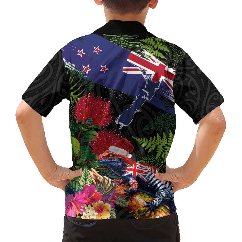 New Zealand Christmas Family Matching Long Sleeve Bodycon Dress and Hawaiian Shirt Meri Kirihimete-Tuatara and Pohutukawa Black Color LT03 - Polynesian Pride