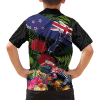 New Zealand Christmas Family Matching Long Sleeve Bodycon Dress and Hawaiian Shirt Meri Kirihimete-Tuatara and Pohutukawa Black Color LT03 - Polynesian Pride