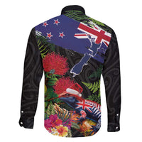 New Zealand Christmas Family Matching Long Sleeve Bodycon Dress and Hawaiian Shirt Meri Kirihimete-Tuatara and Pohutukawa Black Color LT03 - Polynesian Pride