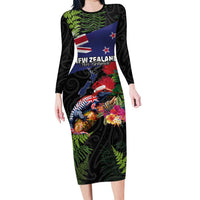 New Zealand Christmas Family Matching Long Sleeve Bodycon Dress and Hawaiian Shirt Meri Kirihimete-Tuatara and Pohutukawa Black Color LT03 Mom's Dress Black - Polynesian Pride