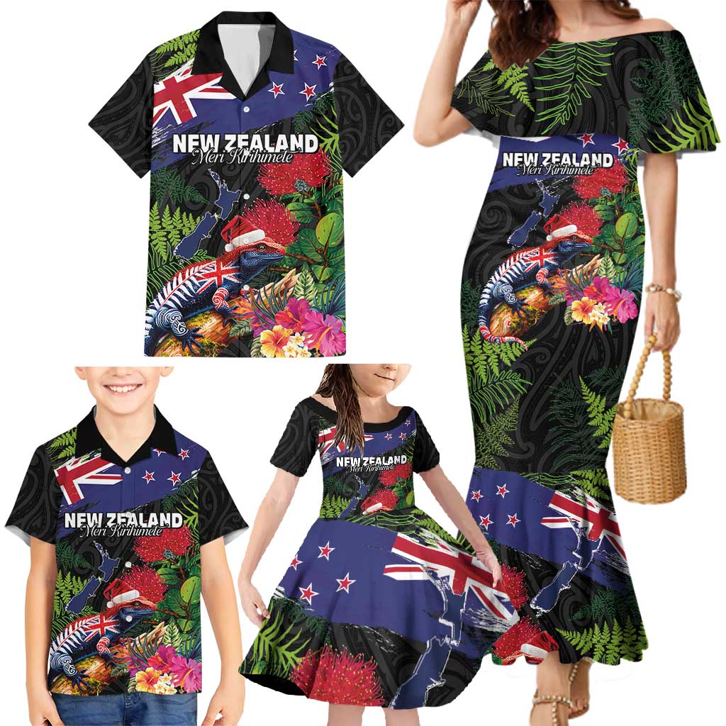 New Zealand Christmas Family Matching Mermaid Dress and Hawaiian Shirt Meri Kirihimete-Tuatara and Pohutukawa Black Color LT03 - Polynesian Pride