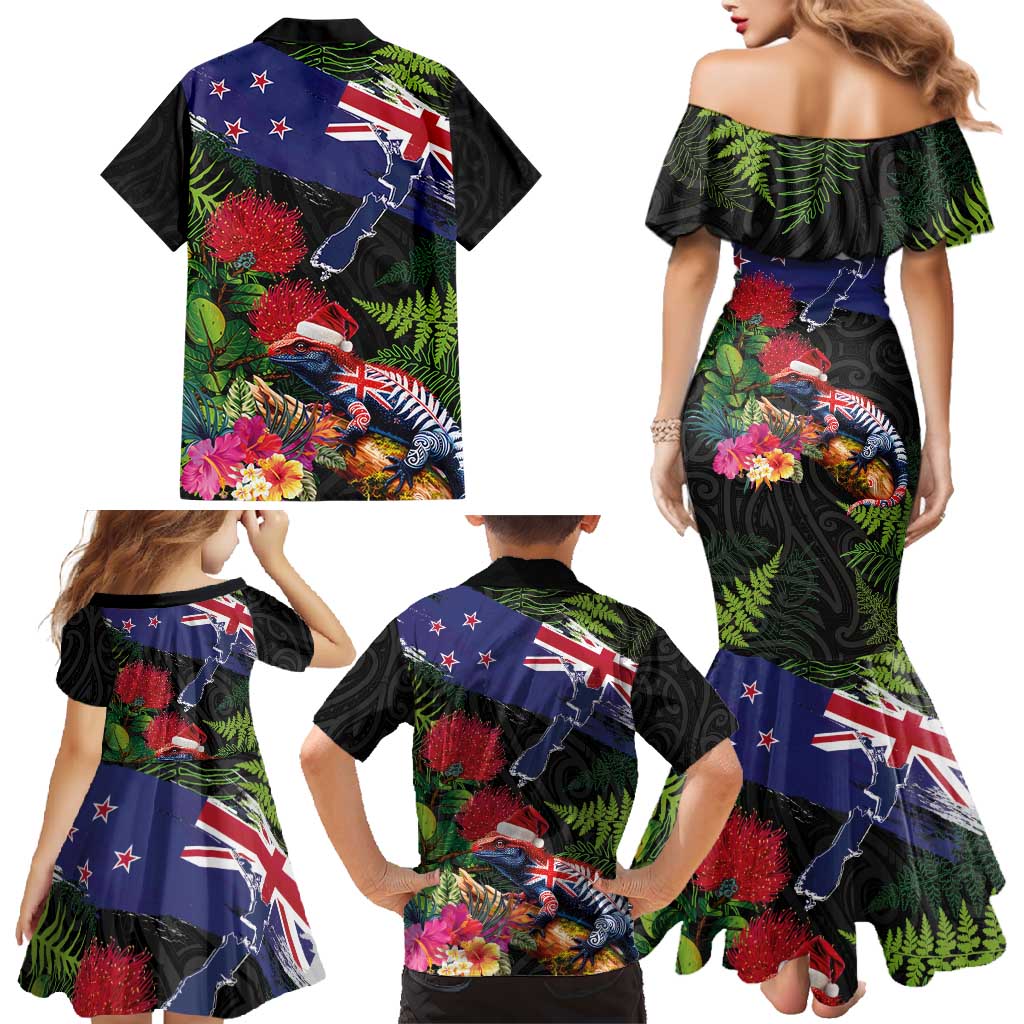 New Zealand Christmas Family Matching Mermaid Dress and Hawaiian Shirt Meri Kirihimete-Tuatara and Pohutukawa Black Color LT03 - Polynesian Pride