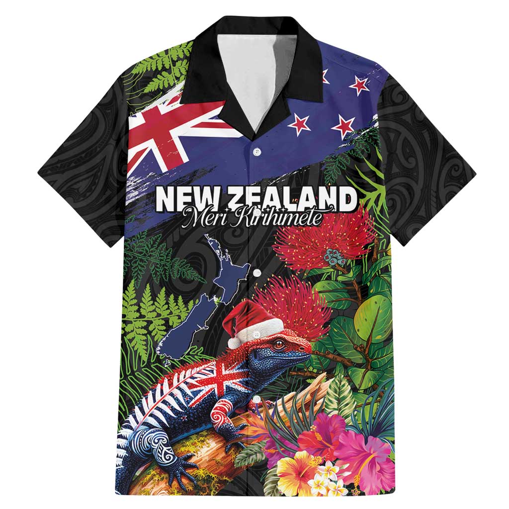 New Zealand Christmas Family Matching Mermaid Dress and Hawaiian Shirt Meri Kirihimete-Tuatara and Pohutukawa Black Color LT03 Dad's Shirt - Short Sleeve Black - Polynesian Pride