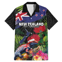 New Zealand Christmas Family Matching Mermaid Dress and Hawaiian Shirt Meri Kirihimete-Tuatara and Pohutukawa Black Color LT03 Dad's Shirt - Short Sleeve Black - Polynesian Pride