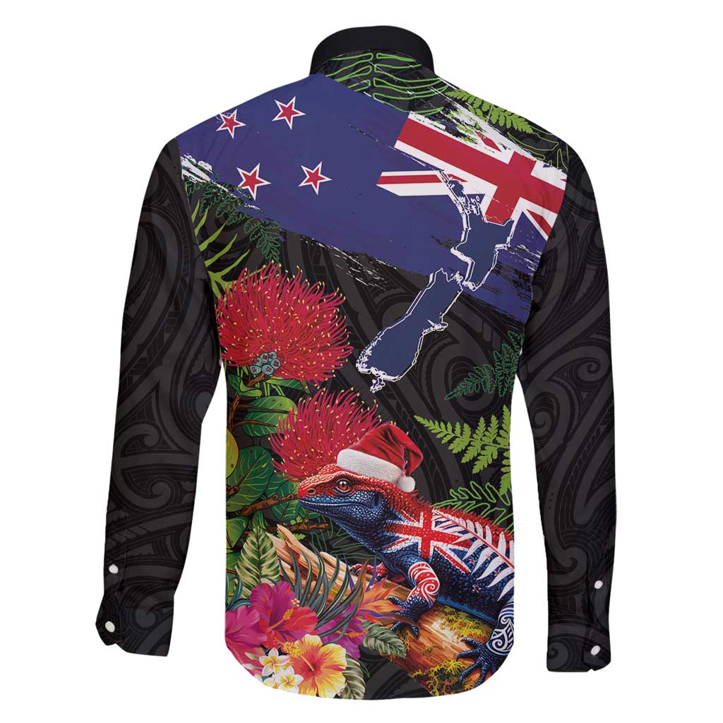 New Zealand Christmas Family Matching Mermaid Dress and Hawaiian Shirt Meri Kirihimete-Tuatara and Pohutukawa Black Color LT03 - Polynesian Pride