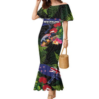 New Zealand Christmas Family Matching Mermaid Dress and Hawaiian Shirt Meri Kirihimete-Tuatara and Pohutukawa Black Color LT03 Mom's Dress Black - Polynesian Pride