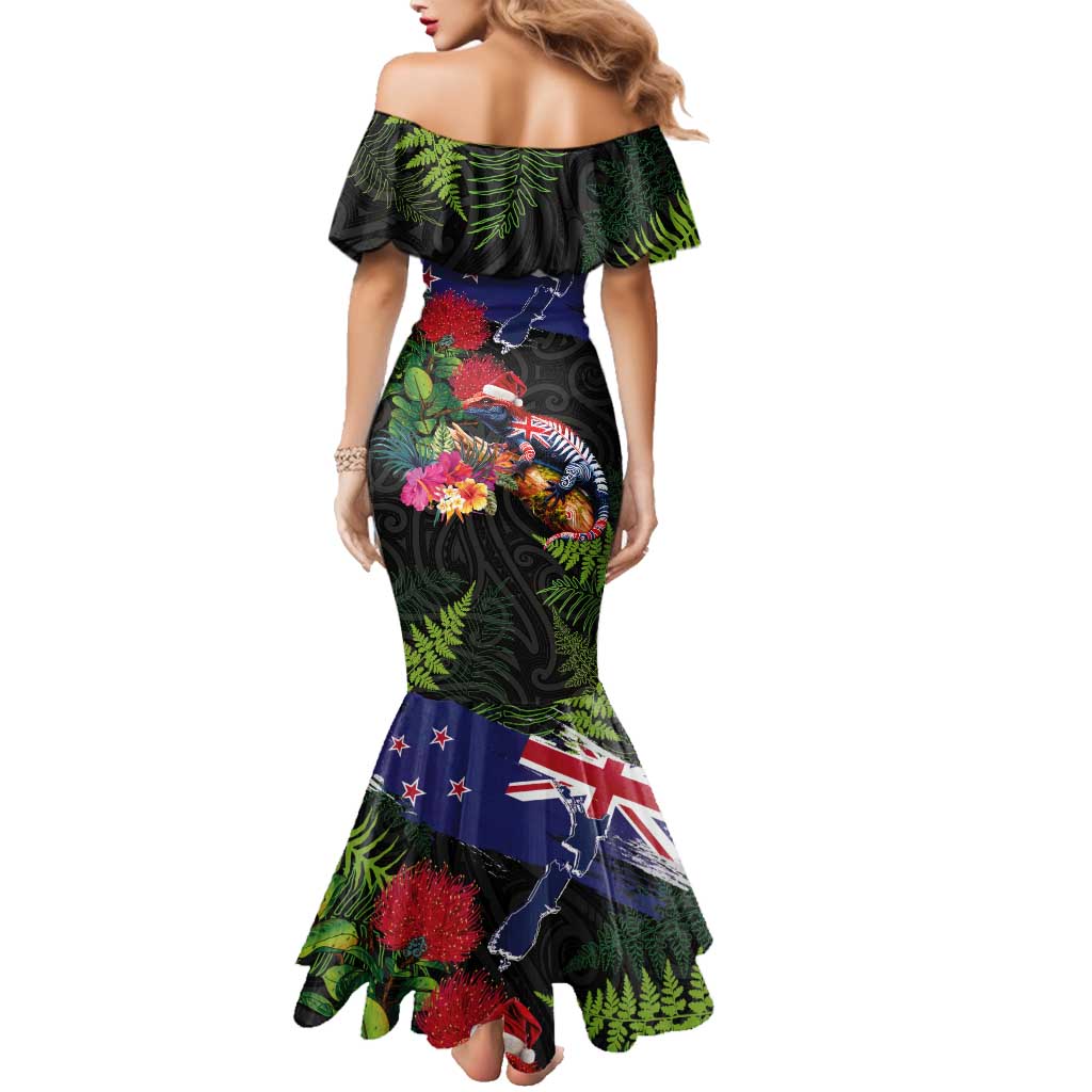 New Zealand Christmas Family Matching Mermaid Dress and Hawaiian Shirt Meri Kirihimete-Tuatara and Pohutukawa Black Color LT03 - Polynesian Pride