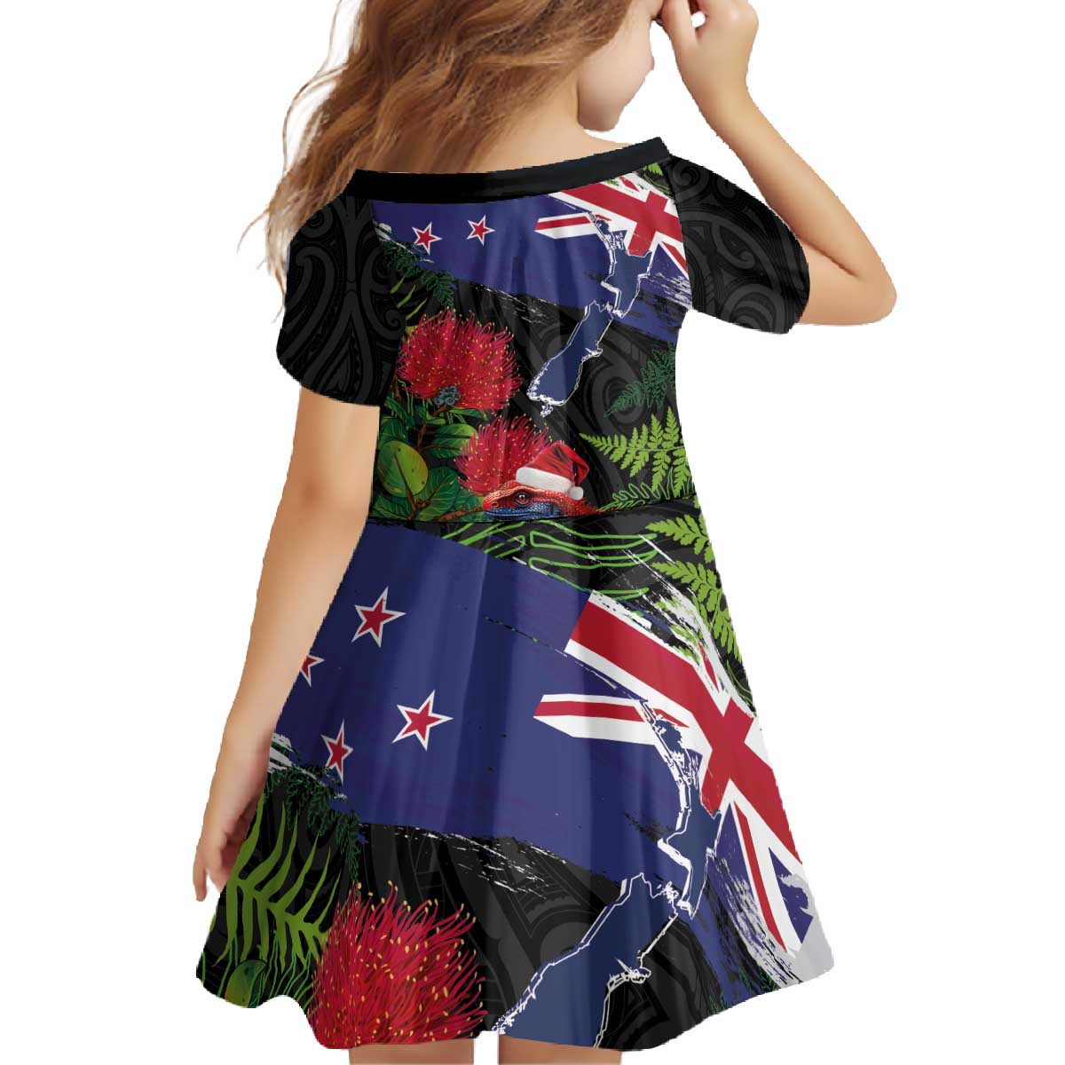 New Zealand Christmas Family Matching Off The Shoulder Long Sleeve Dress and Hawaiian Shirt Meri Kirihimete-Tuatara and Pohutukawa Black Color LT03 - Polynesian Pride