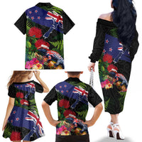 New Zealand Christmas Family Matching Off The Shoulder Long Sleeve Dress and Hawaiian Shirt Meri Kirihimete-Tuatara and Pohutukawa Black Color LT03 - Polynesian Pride