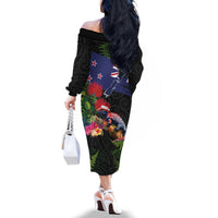 New Zealand Christmas Family Matching Off The Shoulder Long Sleeve Dress and Hawaiian Shirt Meri Kirihimete-Tuatara and Pohutukawa Black Color LT03 - Polynesian Pride