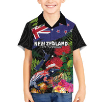 New Zealand Christmas Family Matching Off The Shoulder Long Sleeve Dress and Hawaiian Shirt Meri Kirihimete-Tuatara and Pohutukawa Black Color LT03 Son's Shirt Black - Polynesian Pride