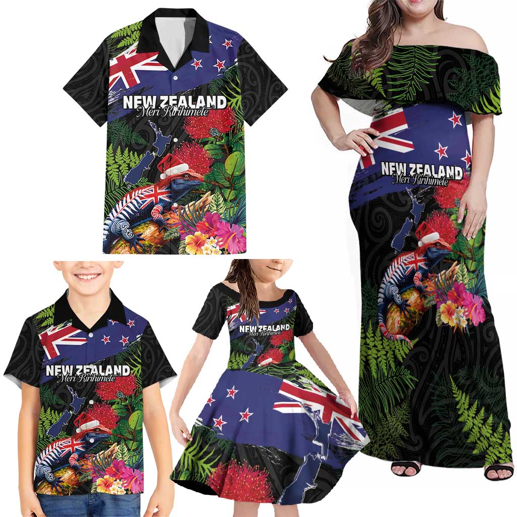 New Zealand Christmas Family Matching Off Shoulder Maxi Dress and Hawaiian Shirt Meri Kirihimete-Tuatara and Pohutukawa Black Color LT03 - Polynesian Pride