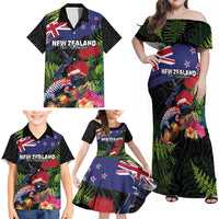 New Zealand Christmas Family Matching Off Shoulder Maxi Dress and Hawaiian Shirt Meri Kirihimete-Tuatara and Pohutukawa Black Color LT03 - Polynesian Pride