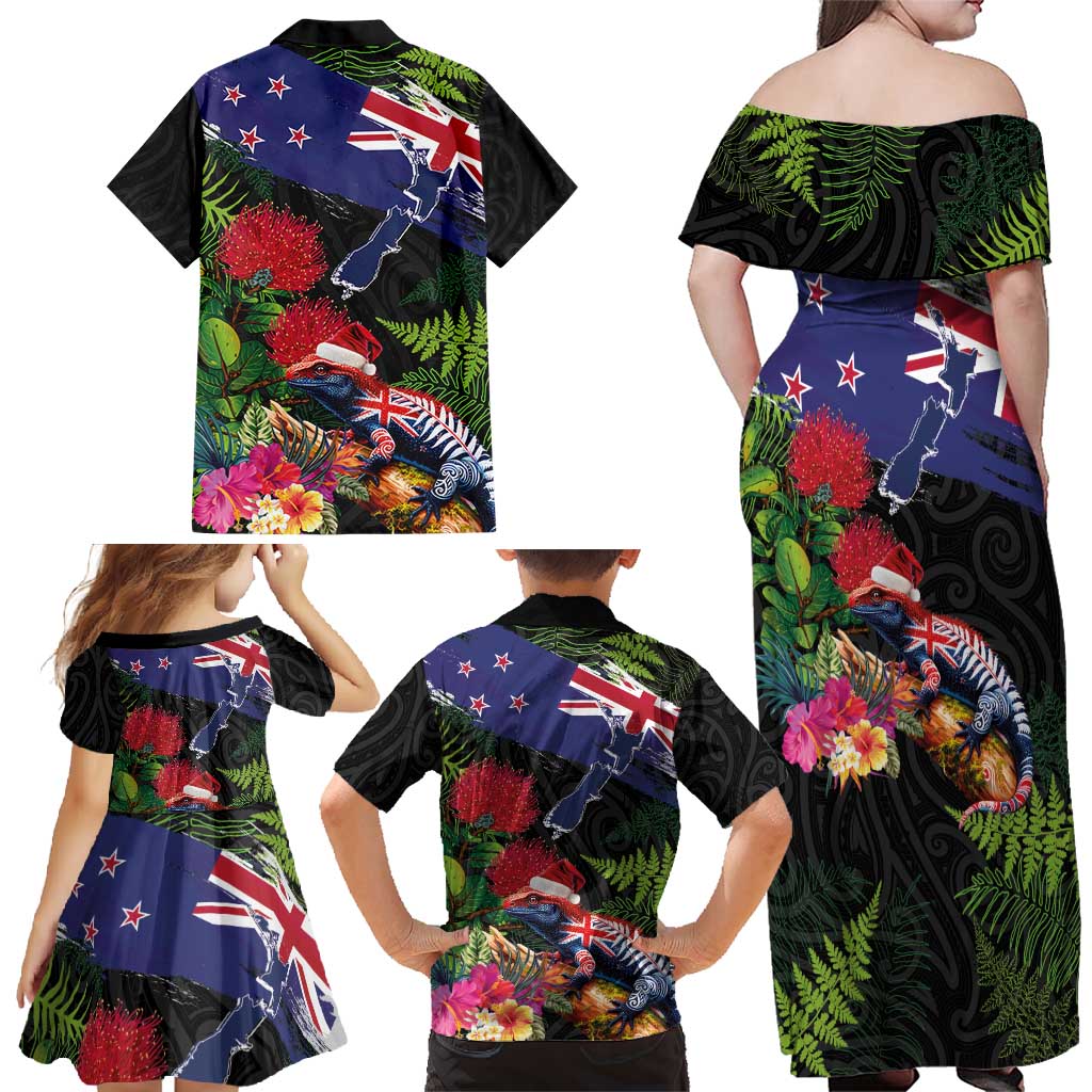 New Zealand Christmas Family Matching Off Shoulder Maxi Dress and Hawaiian Shirt Meri Kirihimete-Tuatara and Pohutukawa Black Color LT03 - Polynesian Pride