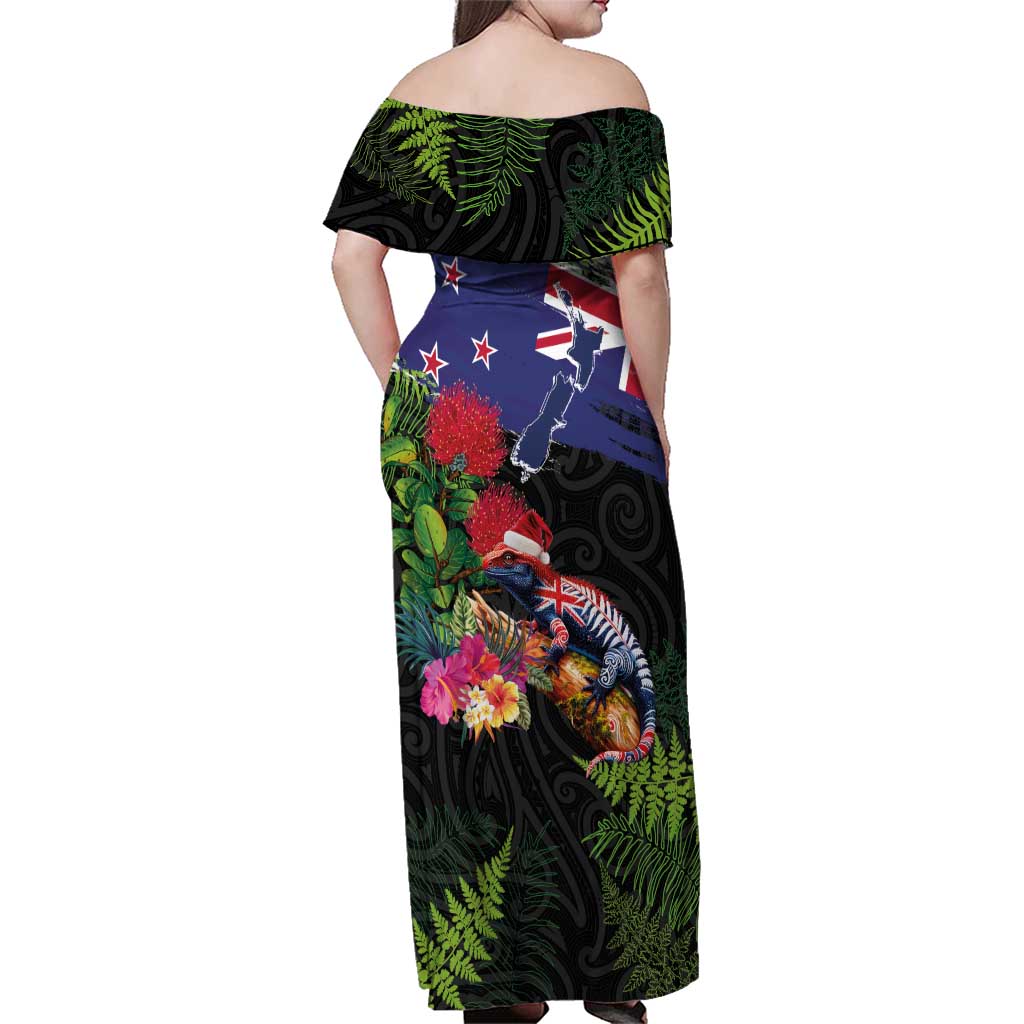 New Zealand Christmas Family Matching Off Shoulder Maxi Dress and Hawaiian Shirt Meri Kirihimete-Tuatara and Pohutukawa Black Color LT03 - Polynesian Pride
