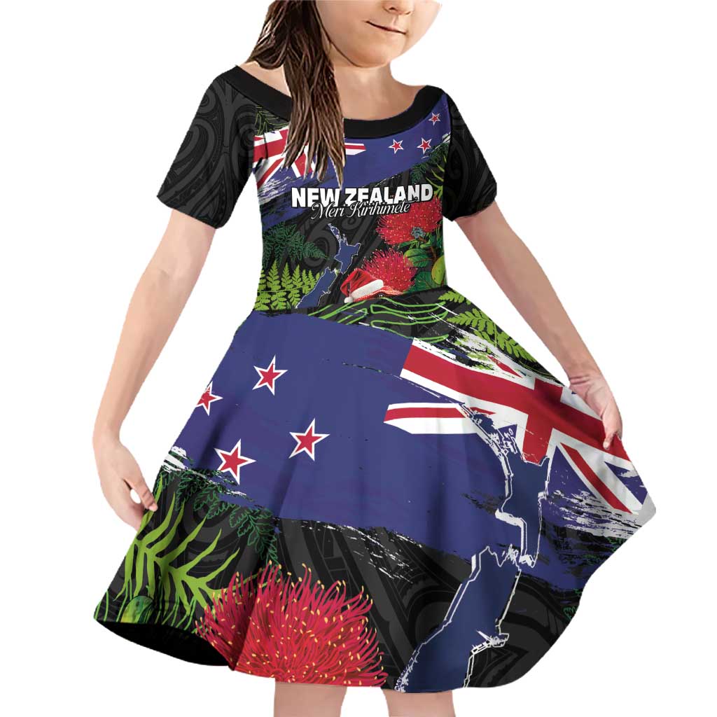 New Zealand Christmas Family Matching Off Shoulder Short Dress and Hawaiian Shirt Meri Kirihimete-Tuatara and Pohutukawa Black Color LT03 Daughter's Dress Black - Polynesian Pride