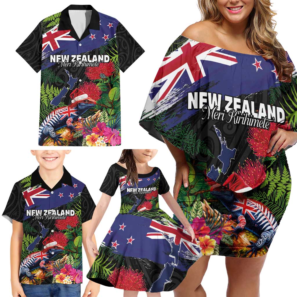 New Zealand Christmas Family Matching Off Shoulder Short Dress and Hawaiian Shirt Meri Kirihimete-Tuatara and Pohutukawa Black Color LT03 - Polynesian Pride