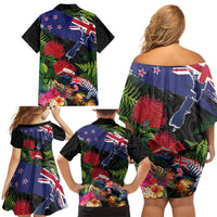 New Zealand Christmas Family Matching Off Shoulder Short Dress and Hawaiian Shirt Meri Kirihimete-Tuatara and Pohutukawa Black Color LT03 - Polynesian Pride