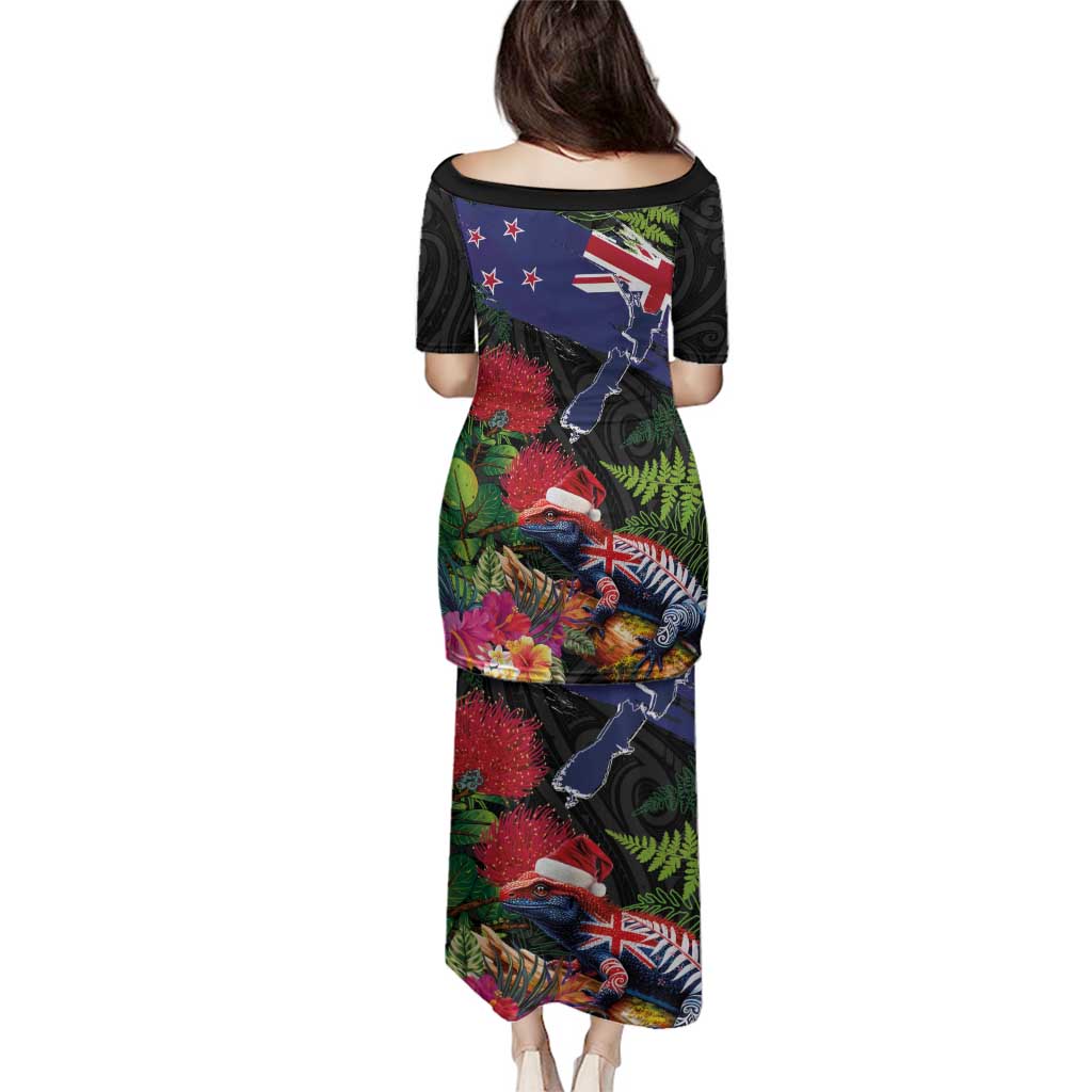 New Zealand Christmas Family Matching Puletasi and Hawaiian Shirt Meri Kirihimete-Tuatara and Pohutukawa Black Color