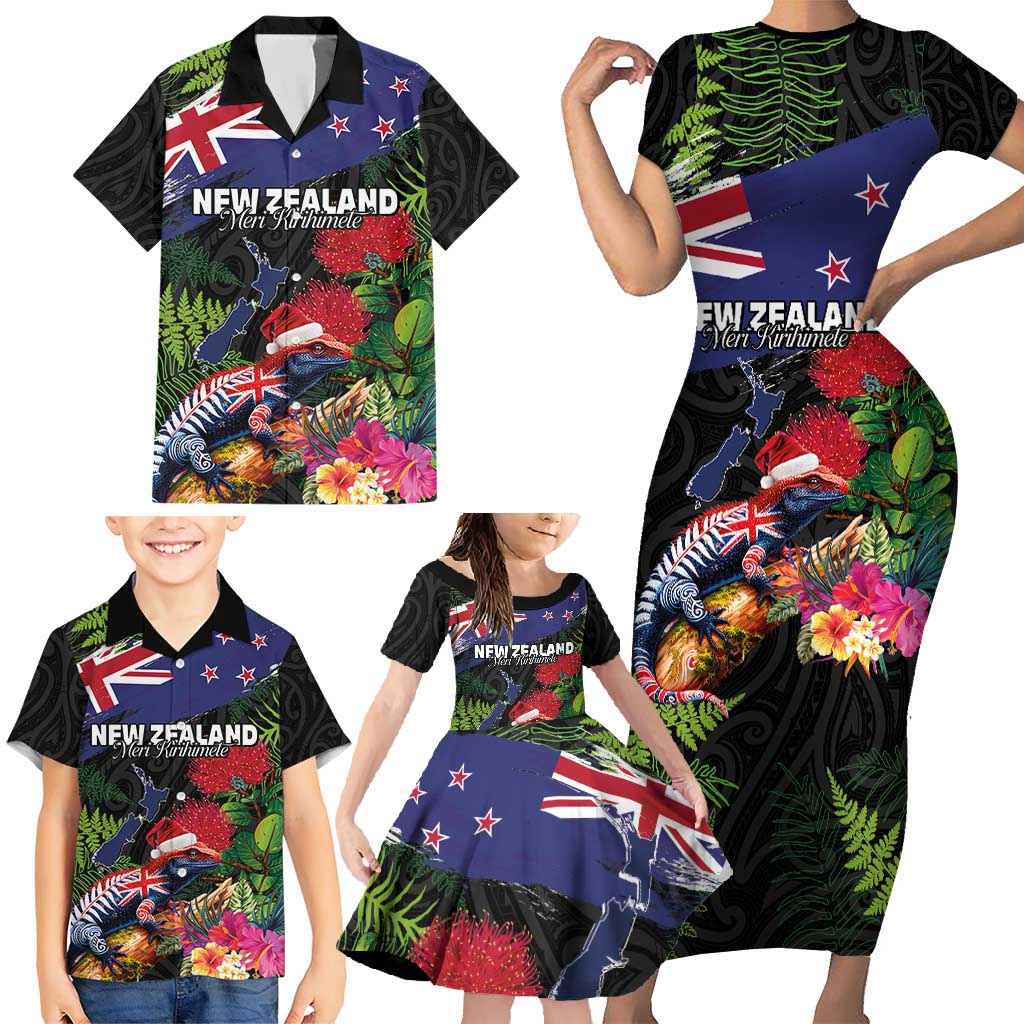 New Zealand Christmas Family Matching Short Sleeve Bodycon Dress and Hawaiian Shirt Meri Kirihimete-Tuatara and Pohutukawa Black Color LT03 - Polynesian Pride