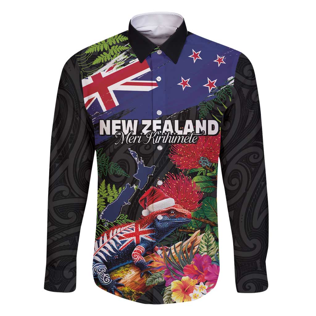 New Zealand Christmas Family Matching Short Sleeve Bodycon Dress and Hawaiian Shirt Meri Kirihimete-Tuatara and Pohutukawa Black Color LT03 Dad's Shirt - Long Sleeve Black - Polynesian Pride
