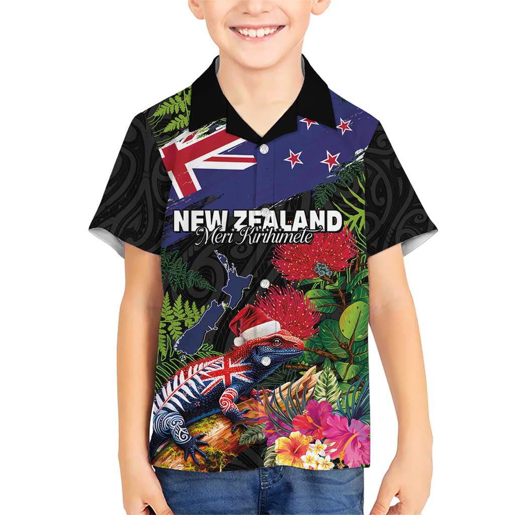 New Zealand Christmas Family Matching Short Sleeve Bodycon Dress and Hawaiian Shirt Meri Kirihimete-Tuatara and Pohutukawa Black Color LT03 Son's Shirt Black - Polynesian Pride