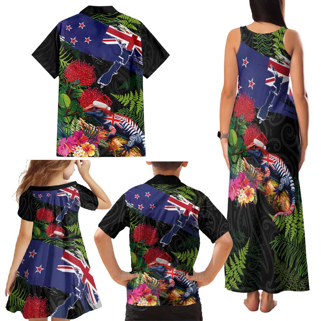 New Zealand Christmas Family Matching Tank Maxi Dress and Hawaiian Shirt Meri Kirihimete-Tuatara and Pohutukawa Black Color LT03 - Polynesian Pride
